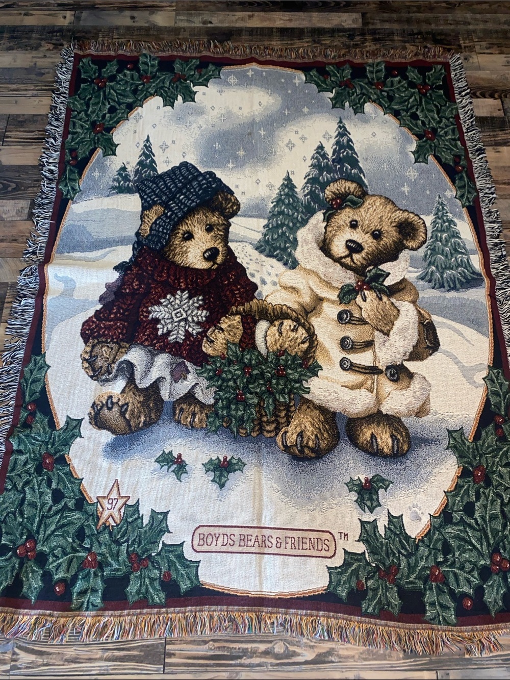 Boyds Bears 1997 Christmas Holiday Teddy Bear Woven Throw